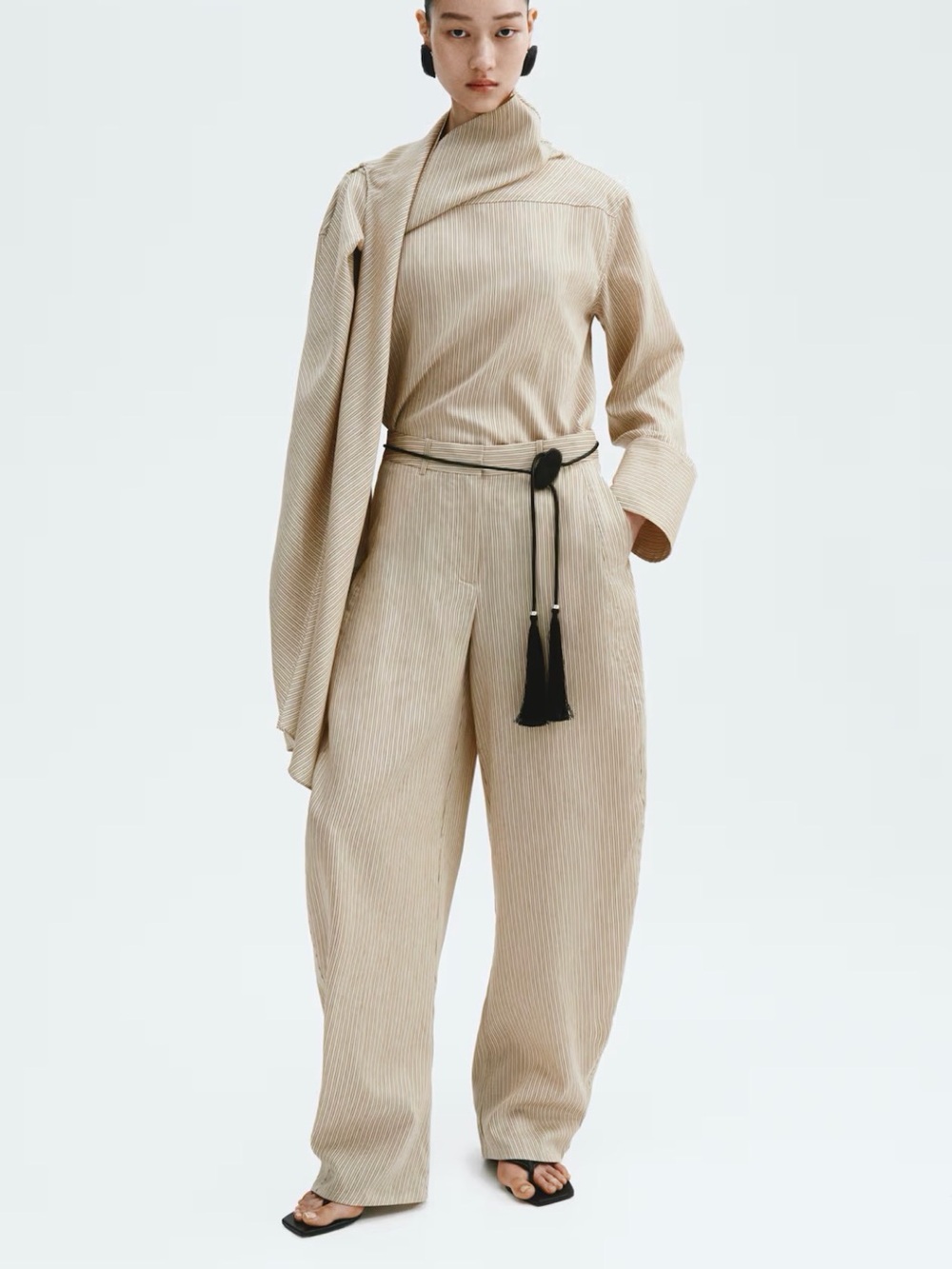 H&M Linen Blend Barrel Leg Pants Beige Stripped Size 14 NWT